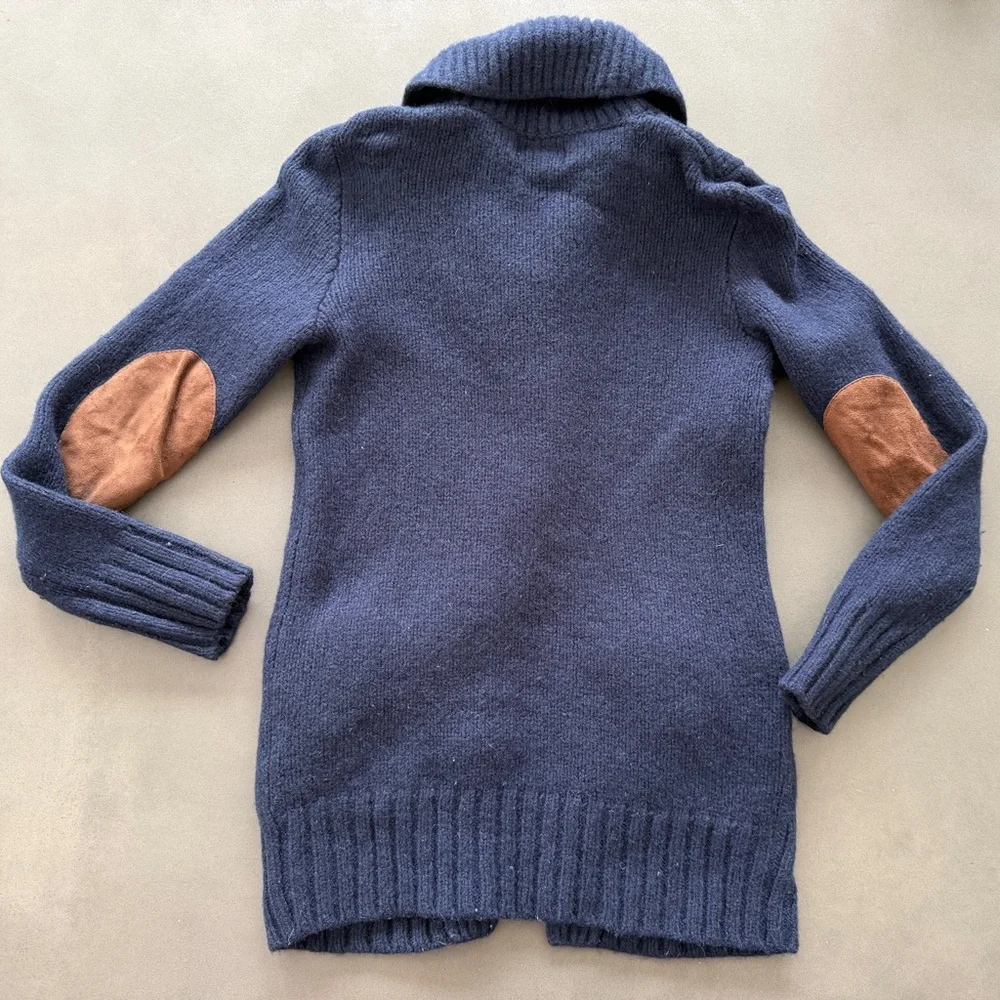 Ralph Lauren Rugby Navy Blue Wool Cardigan with Suede and Leather details Sz 7